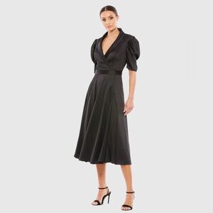 NWT $358 MAC DUGGAL Satin Lapel Puff Sleeve Tea Length Dress BLACK 26628